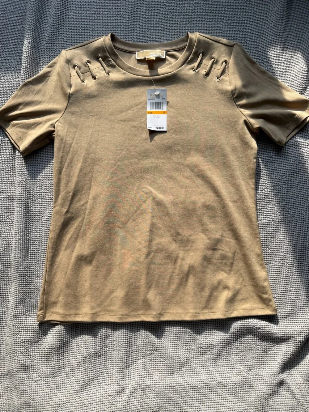 Michael Kors Olive-Tan Short Sleeve Tee with Shoulder Grommet Detail